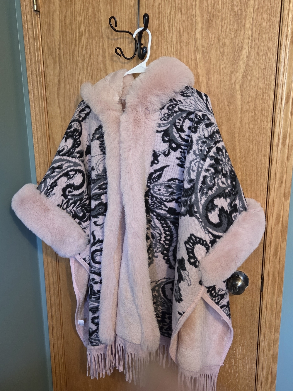 Pink Faux-Fur Trim Paisley Wrap Coat